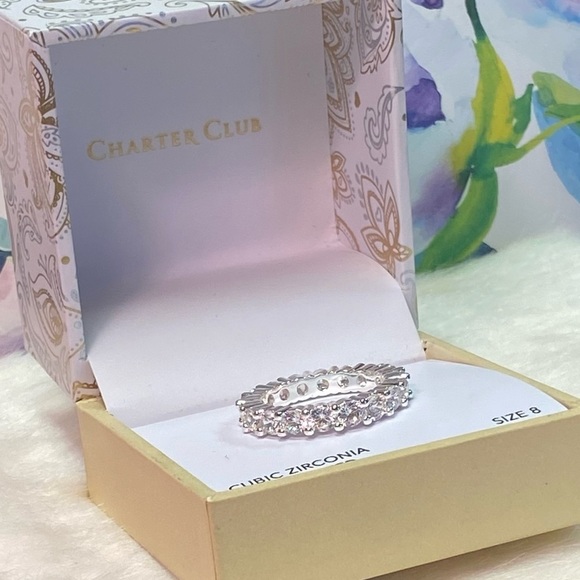 NWT CHARTER CLUB ANNIVERSARY RING IN FINE SILVER W/CUBIC ZIRCONIA STONES- 6 or 8 - Picture 5 of 12